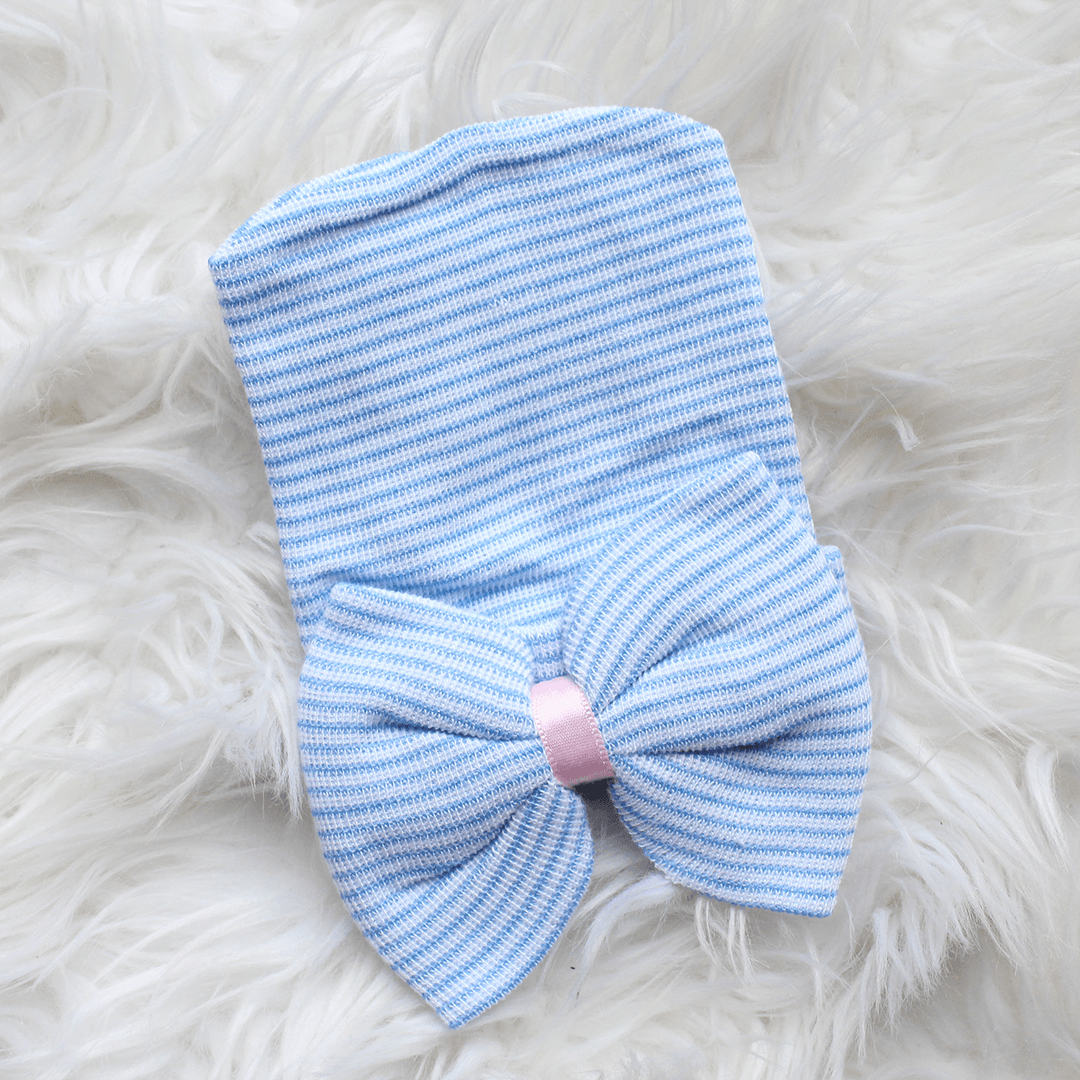 Newborn Hospital Hat - Blue Stripe With Bow