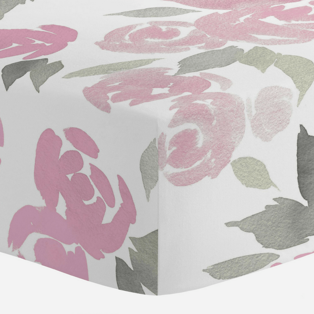 Pink And Gray Watercolor Roses Crib Sheet