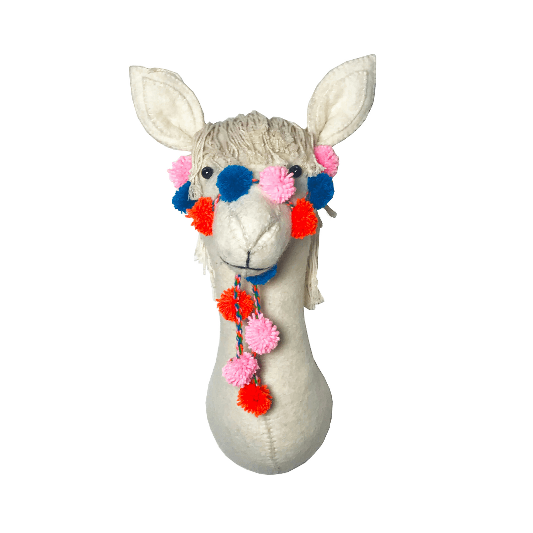 Semi-size Cream Llama Head Wall Hanging With Pom-pom Bridle