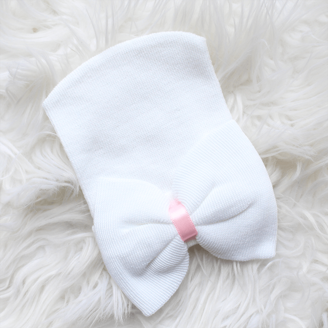 Newborn Hospital Hat - White With Bow