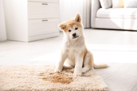 Adorable puppy near puddle on rug at home