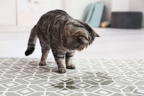 Gray cat standing on top of urine on gray carpet.