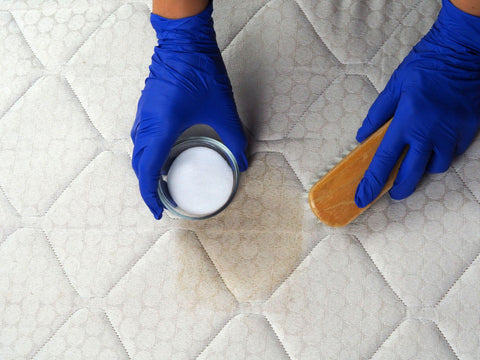 Hand cleaning surface of mattress on bed with brush and baking soda