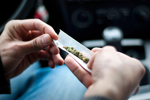 Man rolling joint in a car.