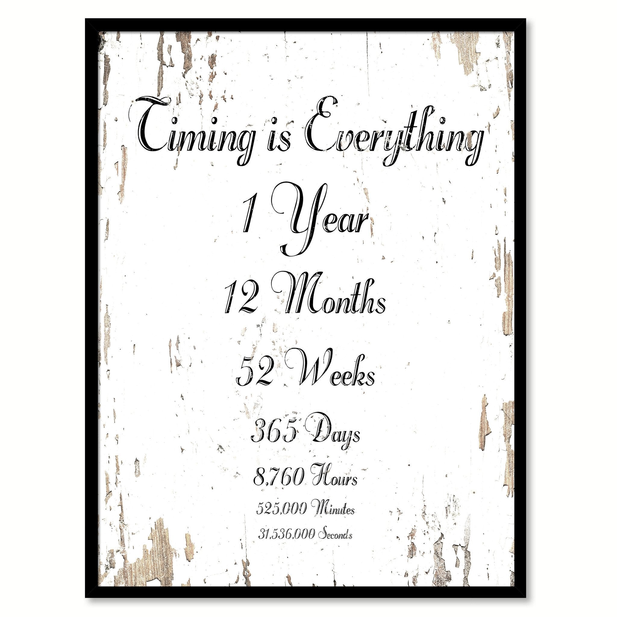 Timing Is Everything 1 Year 12 Months 52 Weeks 365 Days 8 760 Hours 525 000 Minutes 31 536 000 Seconds Inspirational Saying Quote Motivation White Canvas Print Picture Frame Gift Home Decor Wall Art Spotcolorart Usa