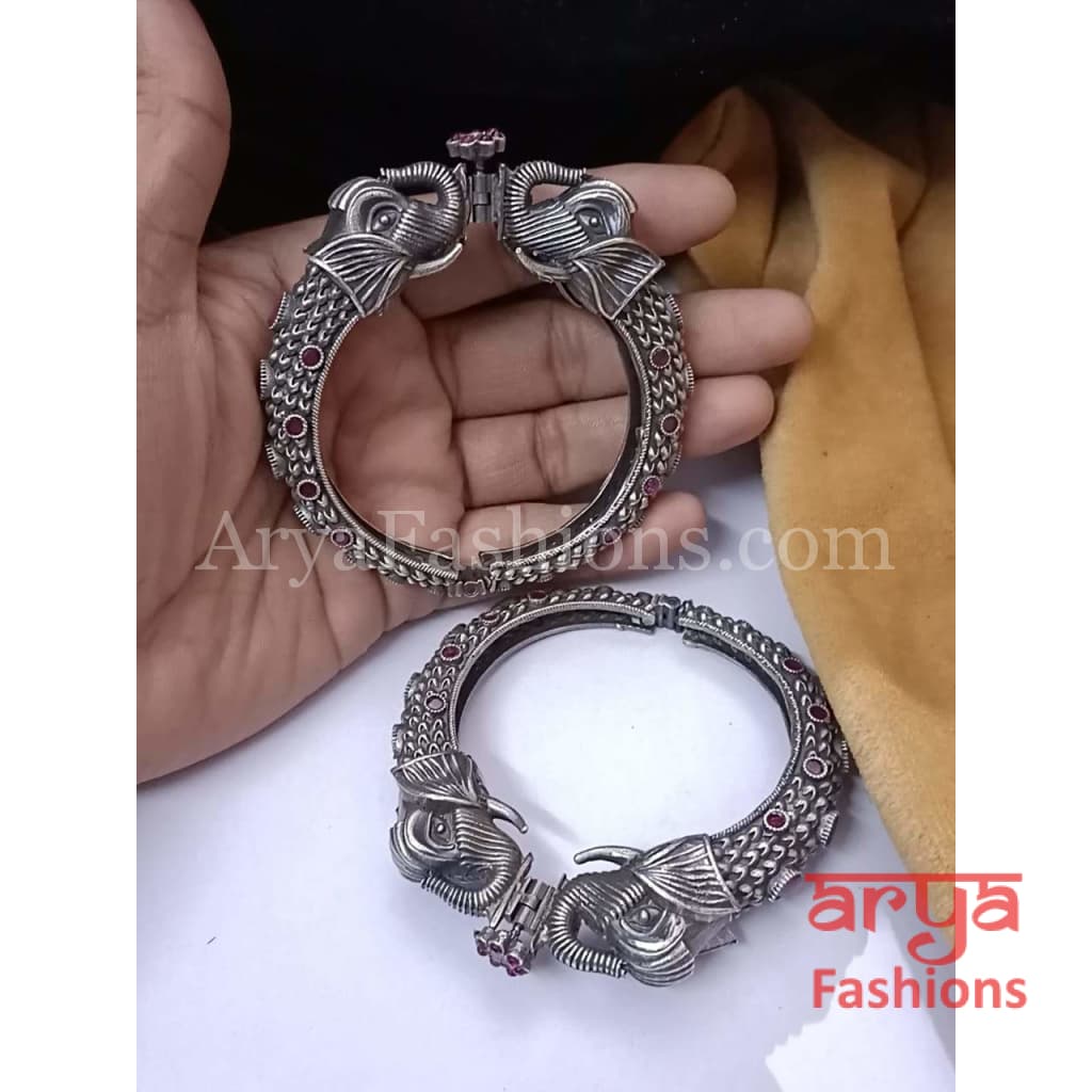 Silver Elephant Theme Oxidized Bangles with Pink and White Stones