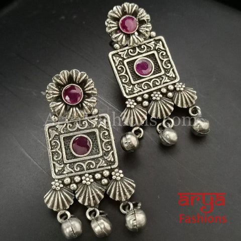 Silver Oxidized Party Earrings with Multi-color stones