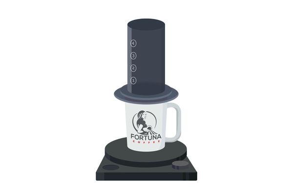 AeroPress on a Fortuna Coffee Mug, sitting on a scale