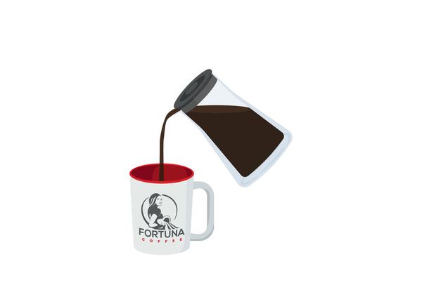 carafe pouring coffee into a Fortuna Coffee mug