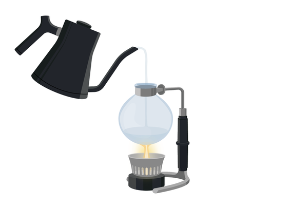 Kettle pouring water into a Hario Syphon Technica vaccuum coffee brewer