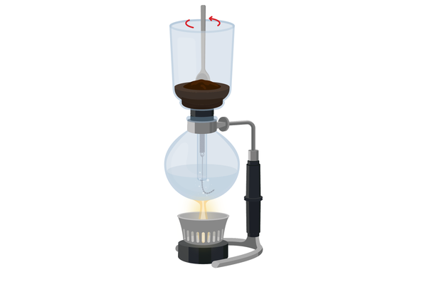 spoon stirring coffee grounds and water in a hario syphon technica