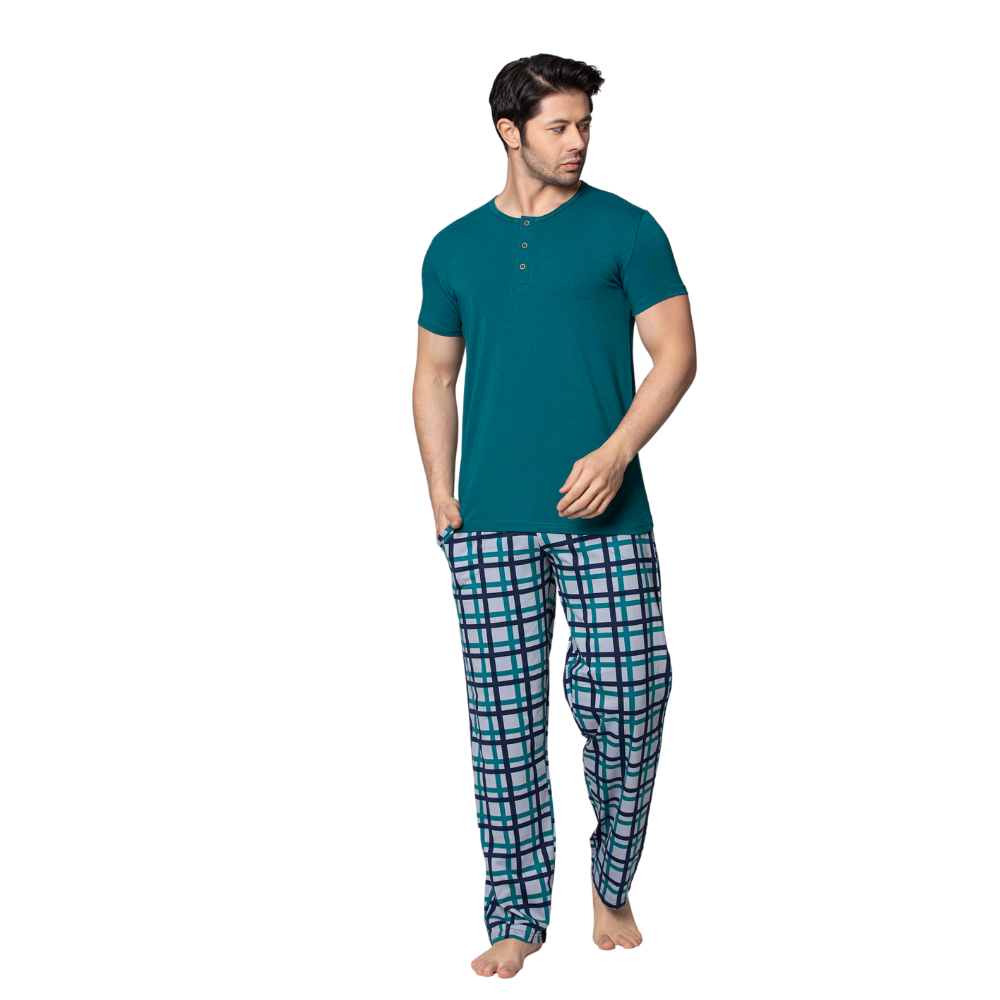 Pijama Barbati, 2 Piese, Tricou si Pantaloni, Model Lines, Marimea XL