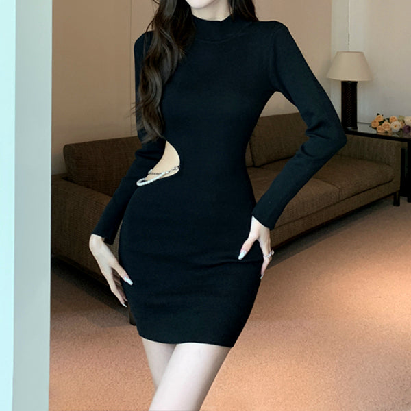 Chain off-waist long sleeve black slim fit dress