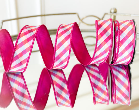 Hot Pink Velvet Ribbon With Bright Plaid Back