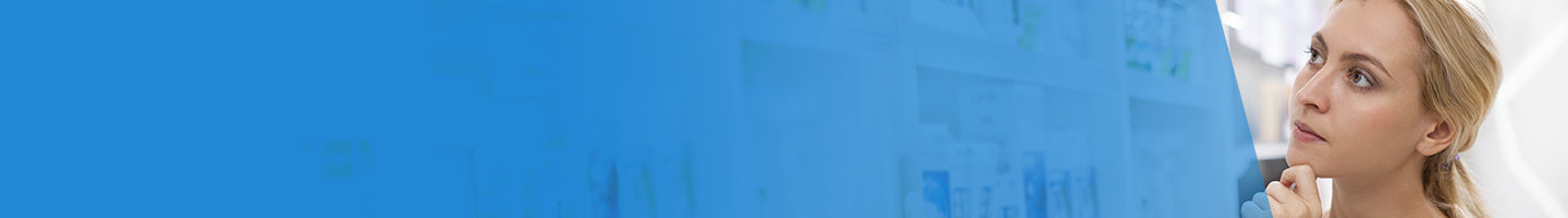 STORE LOCATOR page banner with thinking woman displayed on the right and blue overlay on the left