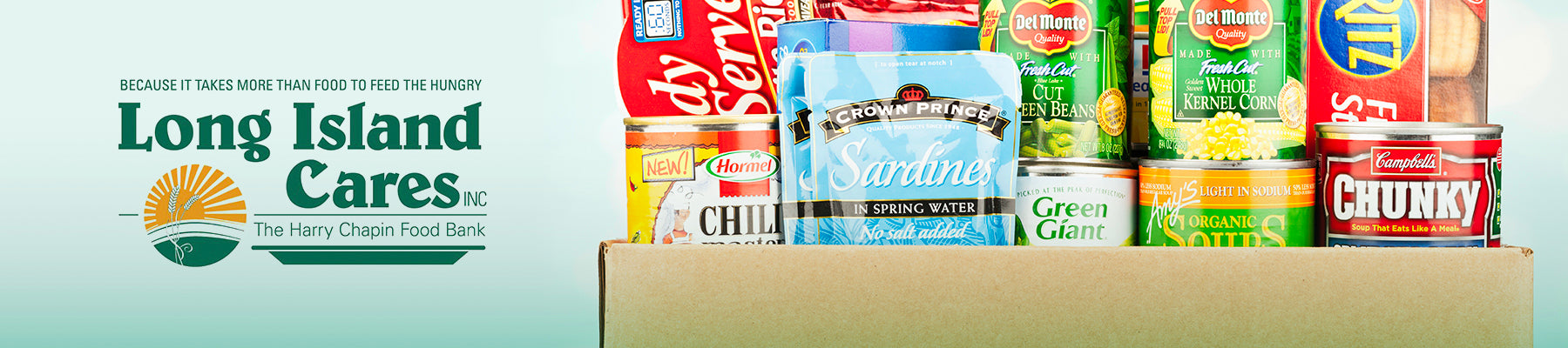 Long Island Cares banner displaying box full of grocery items