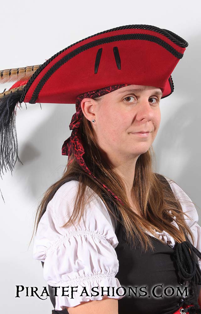 Pirates Mardi Gras Tricorn Hat Red Pirate Costume Hat Feathers