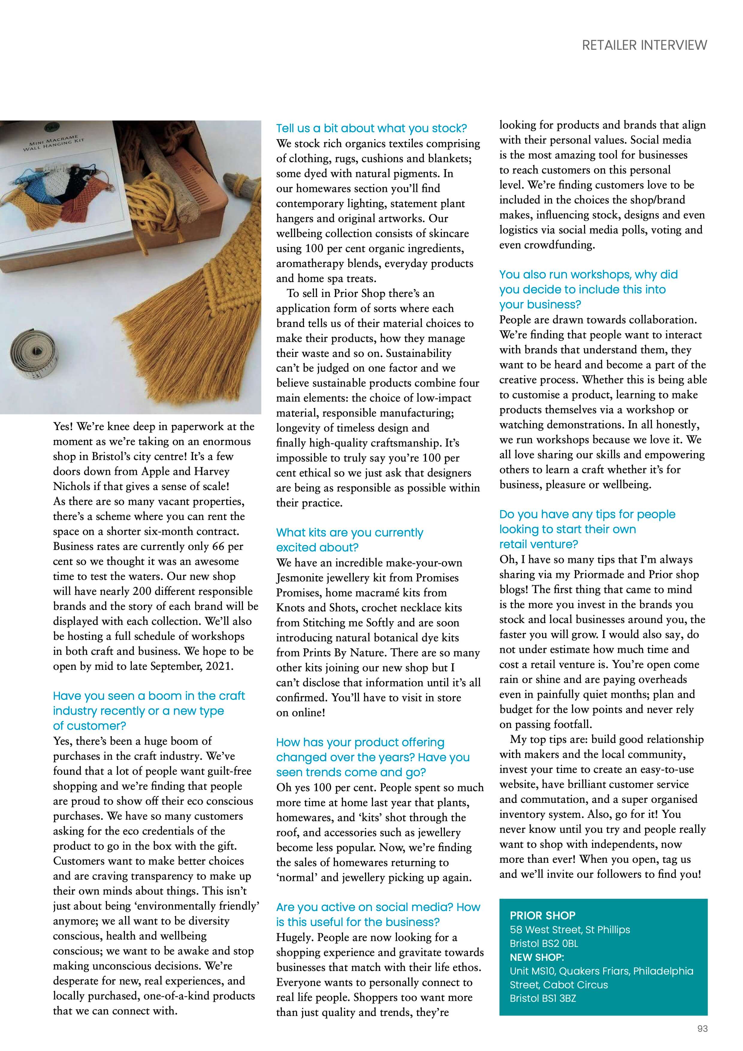 Image of article for the craft focus magazine. Showing text and images of Prior shop