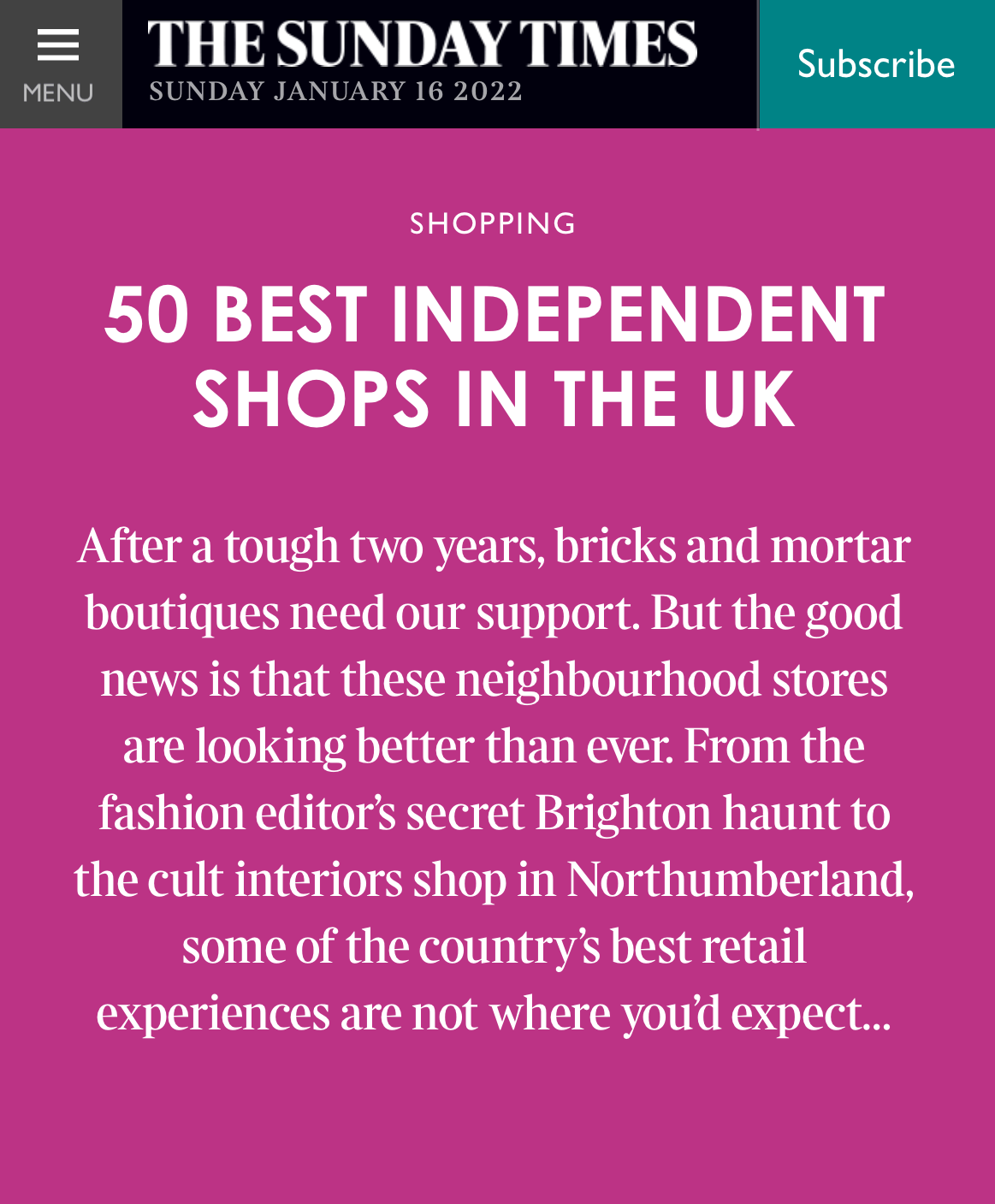prior shop featured in the sunday times 50 best independent shops in the UK. Image is a screen shot of the intro of the article
