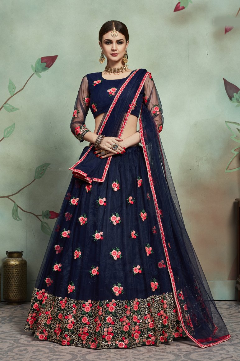 Royal Blue Thread Flower Designed Lehenga With Unstitched Choli ...