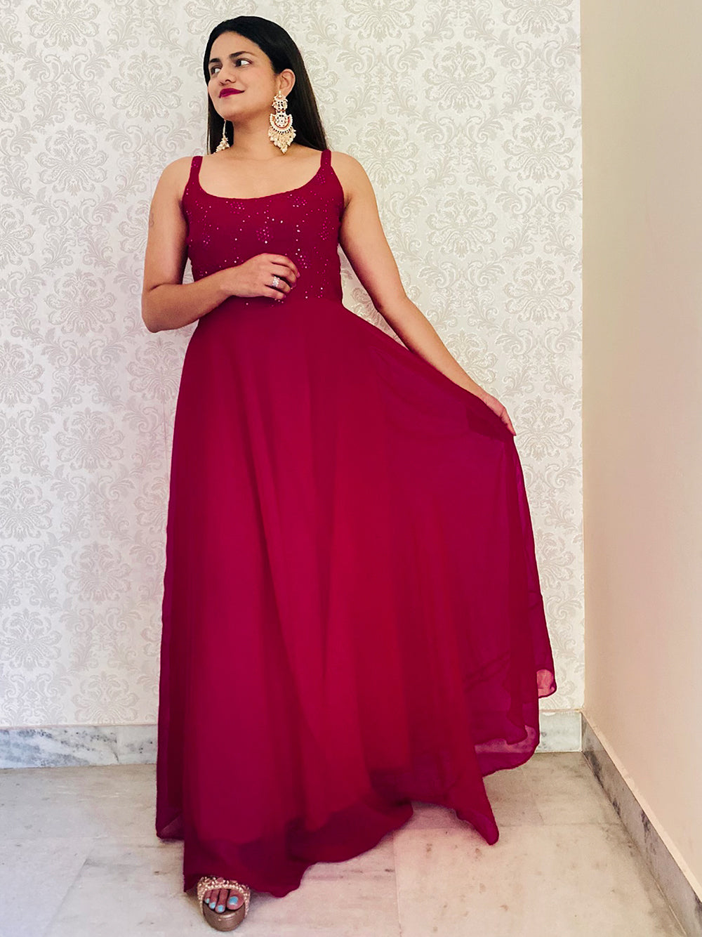 Simple And Elegant Striking Maroon Tapeta Silk Floor Length Long ...