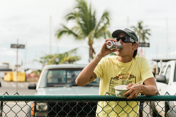 Evan Mock sipping JuneShine in Hawaii