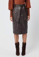Load image into Gallery viewer, HALSTON BUTTON THROUGH TIE WAIST LEATHER SKIRT IN CHOCOLATE
