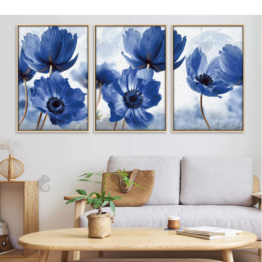 rand haai kruipen Diamond painting drieluik blauwe bloem | 3 luiken