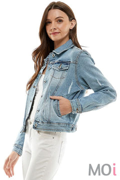 Stretch Denim Jacket With Distressing Light blue