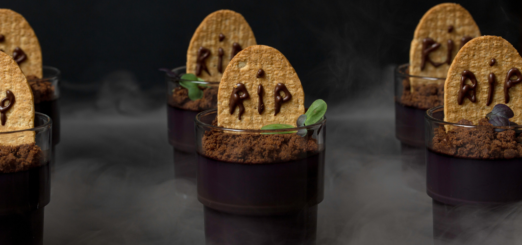 Chocolate Tombstone Pudding - Sunday Night Foods Premium Chocolate Sauce - Halloween Desserts
