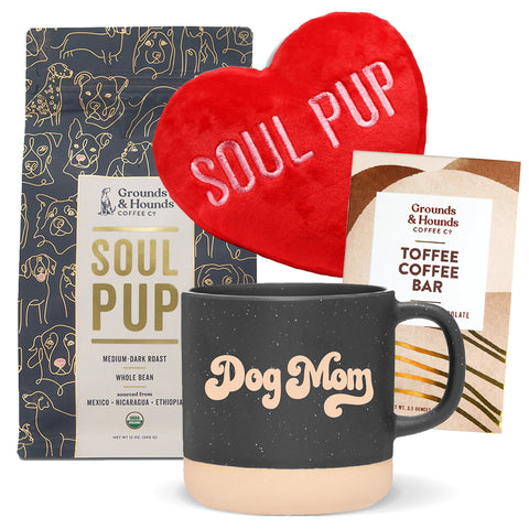 bundle of coffee, heart toy, toffee bar, and dog mom mug
