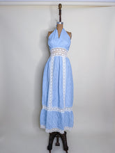 Load image into Gallery viewer, 70s Blue Crochet Handmade Halter Maxi Dress | XS-S
