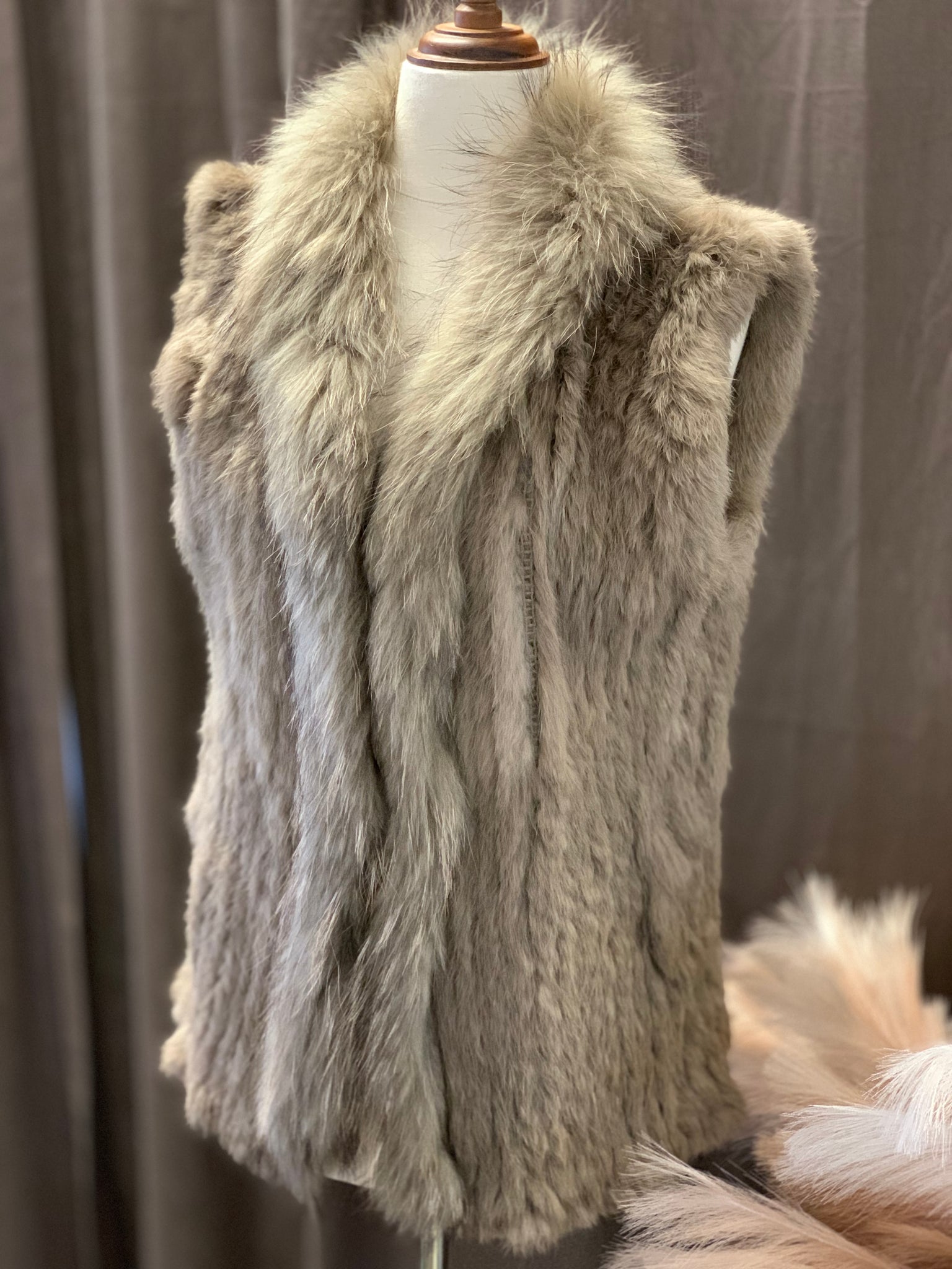 Rabbit Fur Vest With Raccoon Fur Trim in Light Grey 