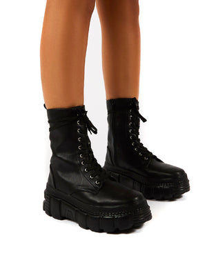 black chunky sole lace up ankle boots