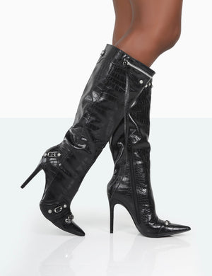 Davina Black Croc Pointed Toe Zip Detail Knee High Boots