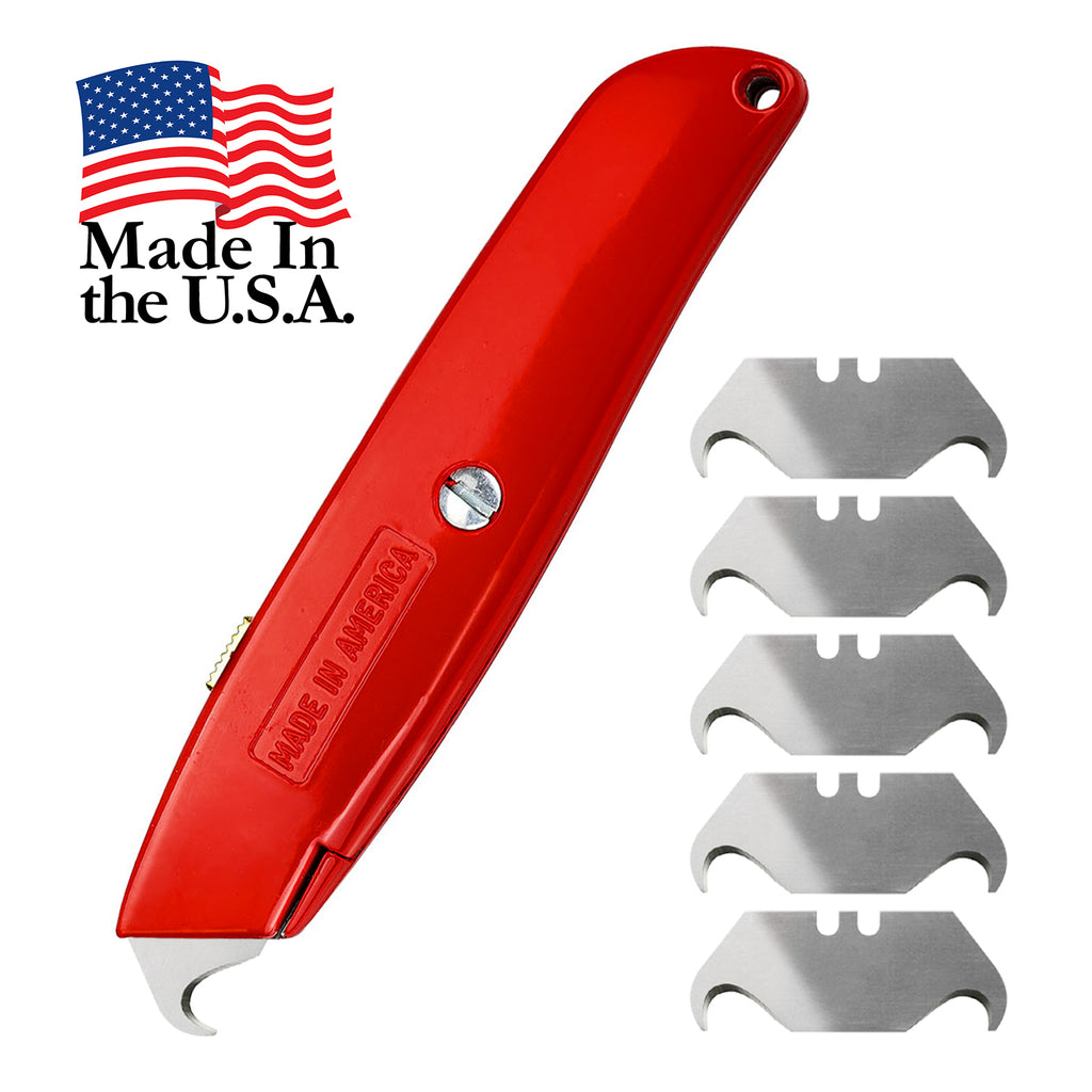 WEUPE Hook Blade Utility Knife with 5 Utility Hook Blades, Made in USA, Heavy-Duty Retractable Razor Knife Set with Comfort Grip, Shingle Cutter