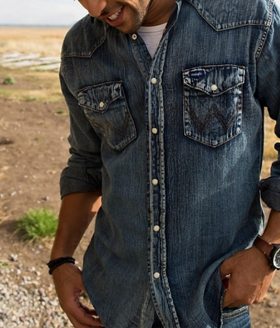 Cowboy Cut® Long Sleeve Western Denim Snap Work Shirt in Dark Denim