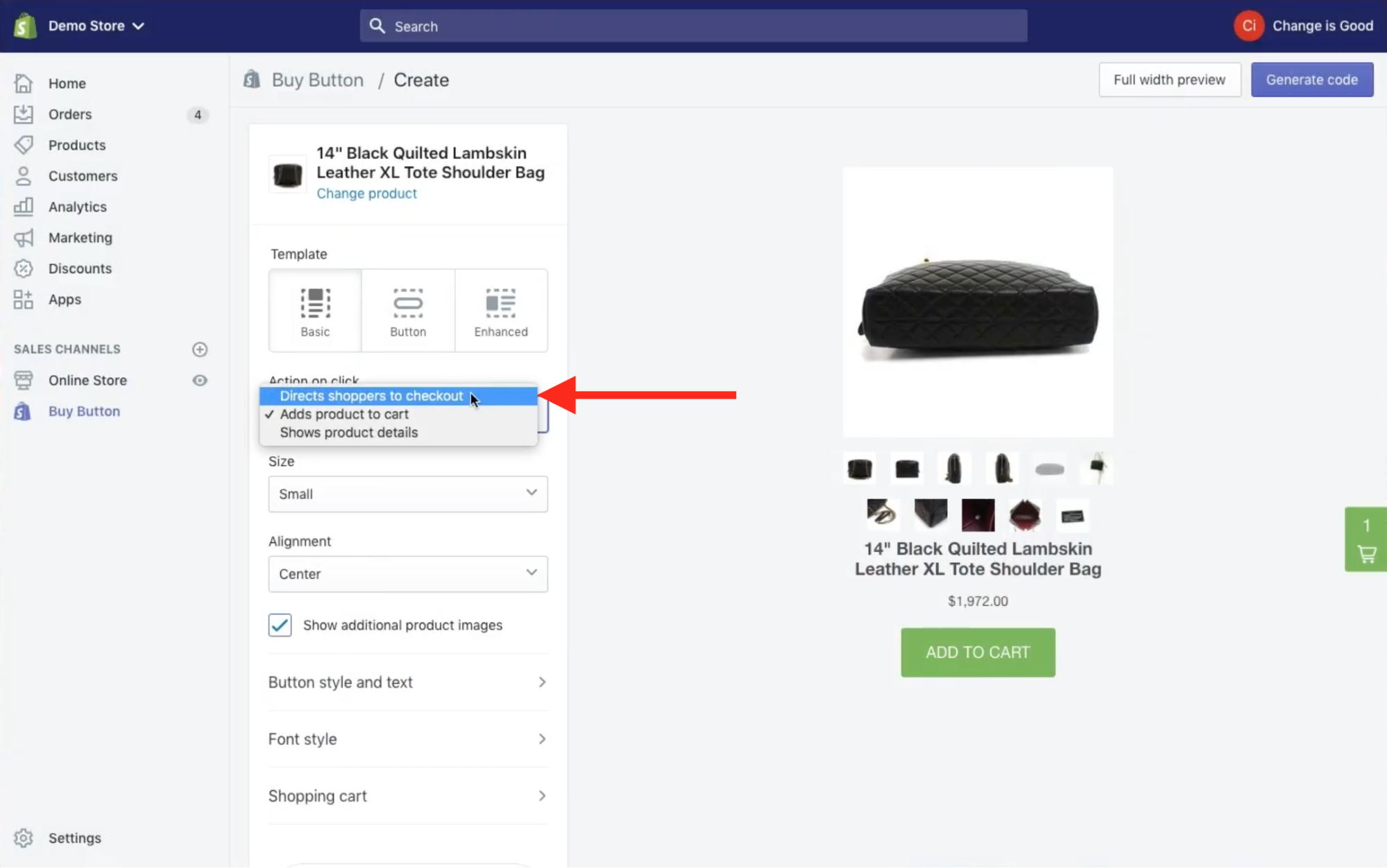 A better user experience when using Wix is to make the Shopify Buy Button direct shoppers to checkout when generating the Shopify code.