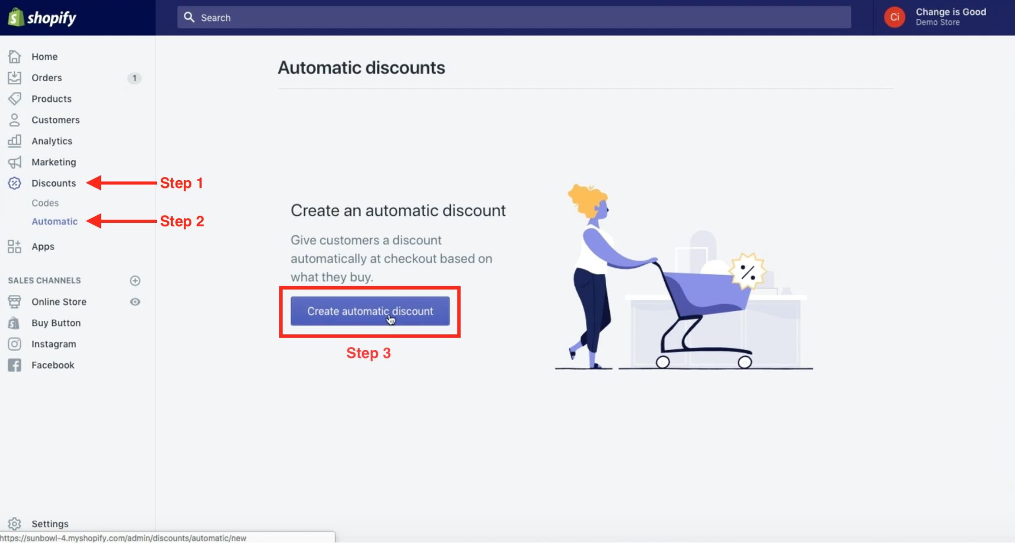 In Shopify, select discounts, automatic, and click Create automatic discount button