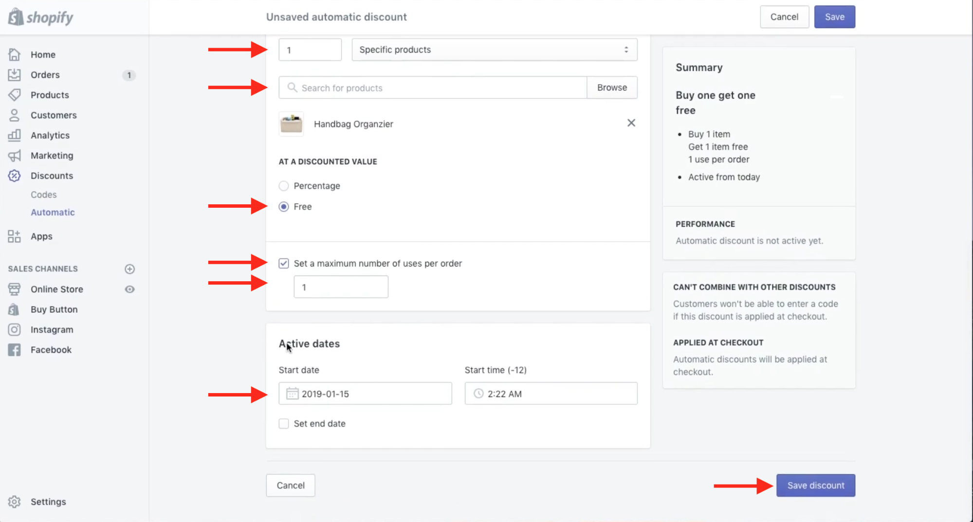 User sets the maximum number of uses per order and the date range of the sale