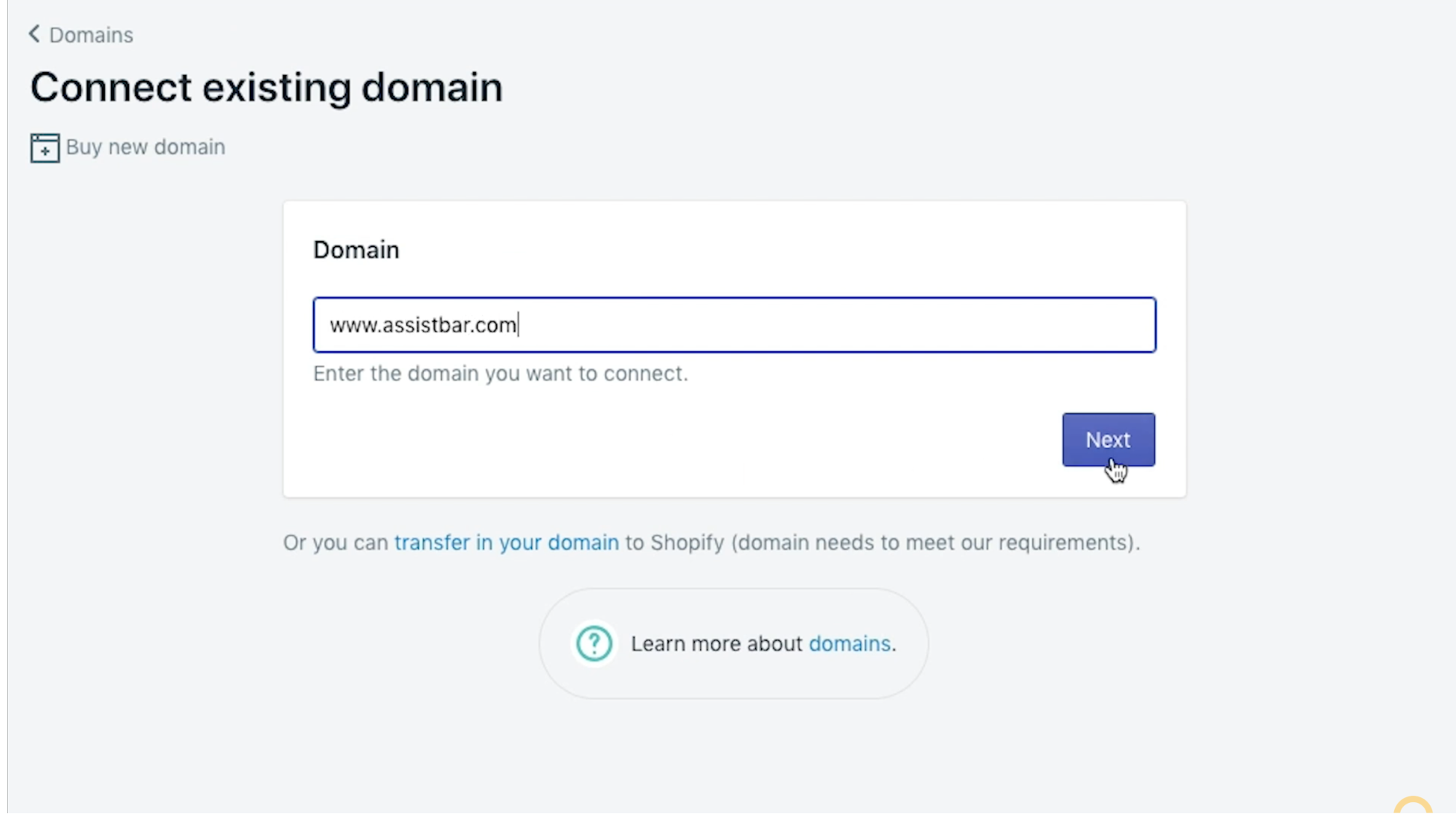Input your domain name and click Next