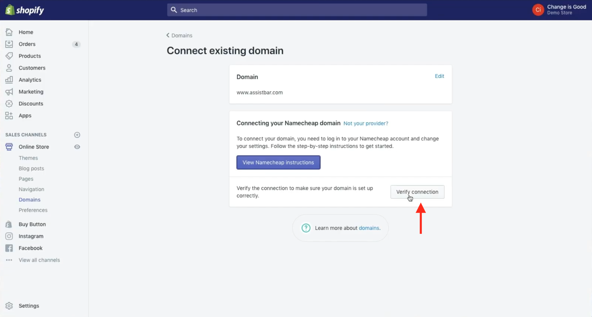 Click Verify Connection button on Shopify