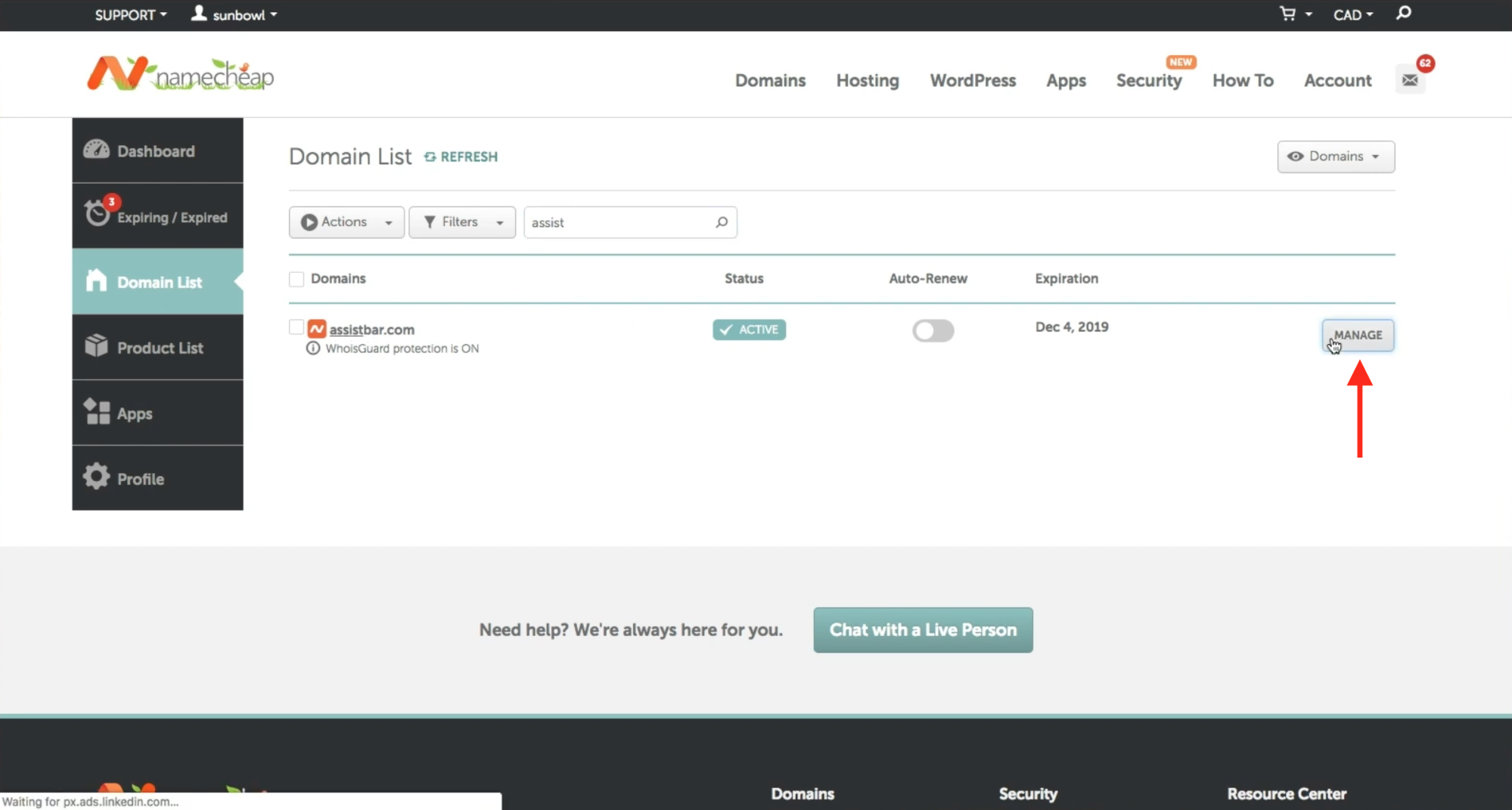 Select domain and choose manage to enter your domains settings