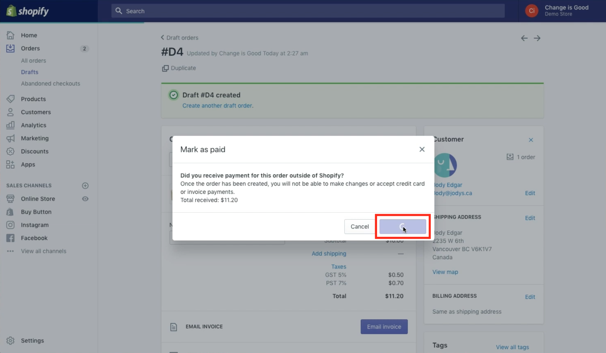 User is marking test purchase as paid to test the fulfillment service