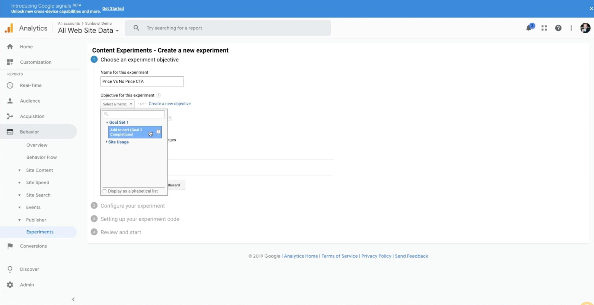 Merchant creating a goal set to test the behaviour experiment within the Google Analytics dashboard