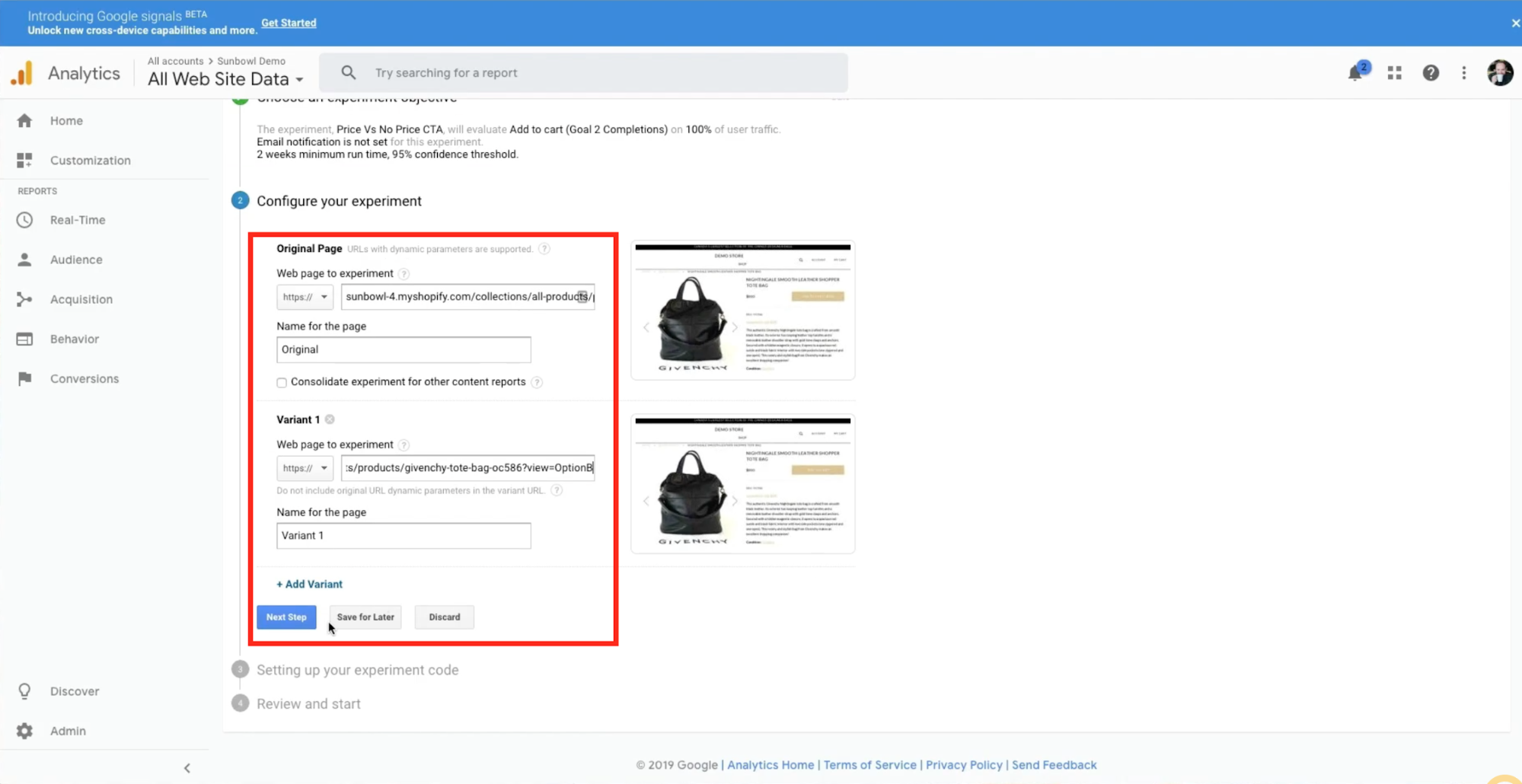 Merchant is adding the two Shopify product variants to Google Analytics for testing