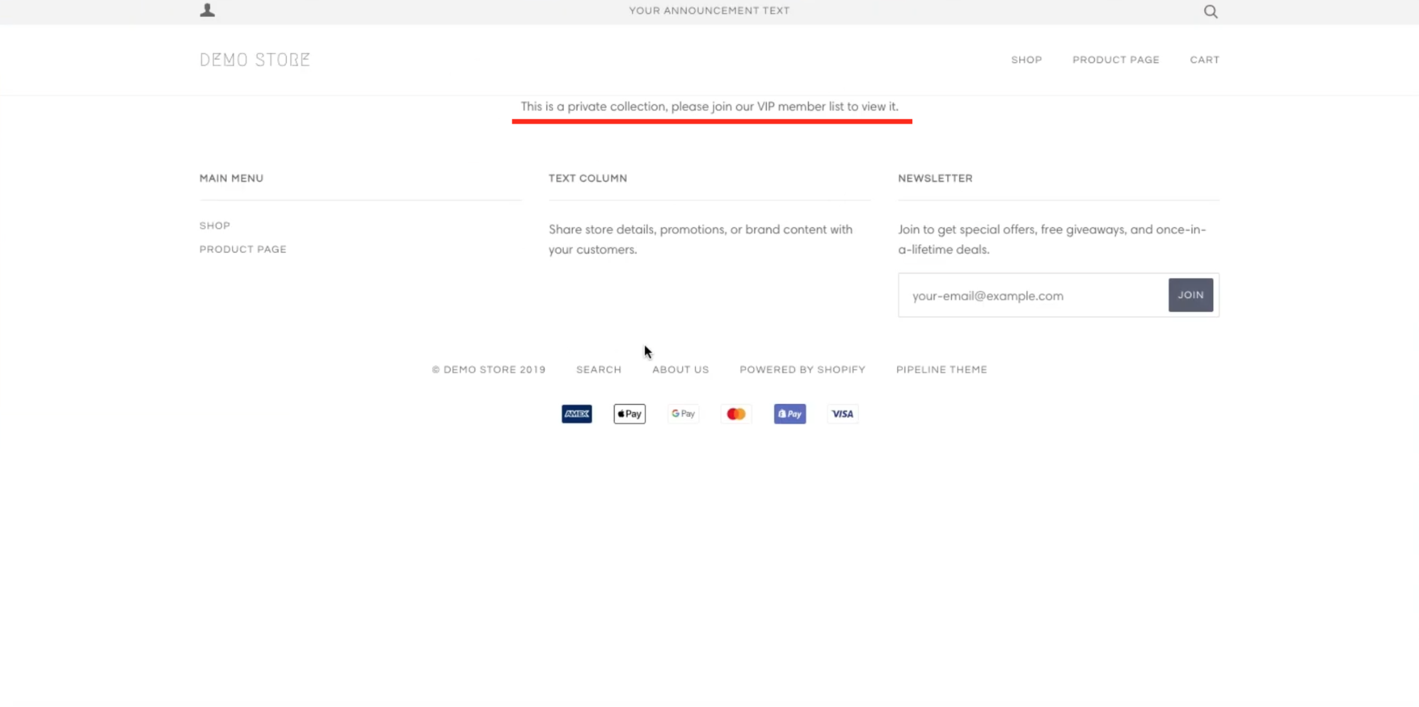 Screenshot of the rejection page because the customer is not tagged VIP