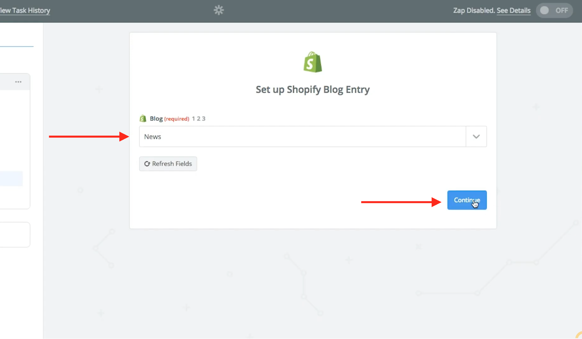 User selects the Shopify blog they want to use