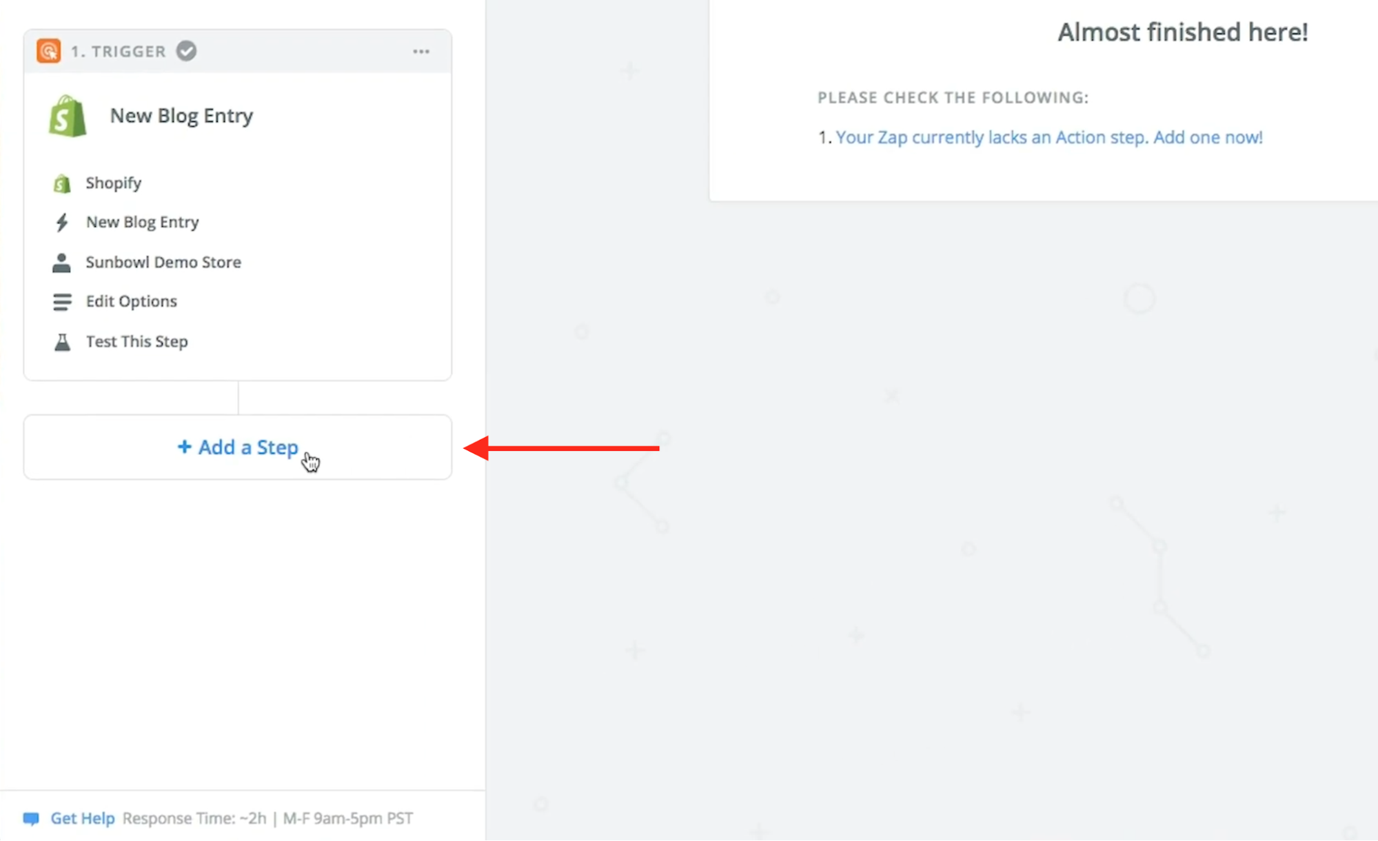 User is finished setting up Shopify and must now configure Facebook by selecting Add a Step