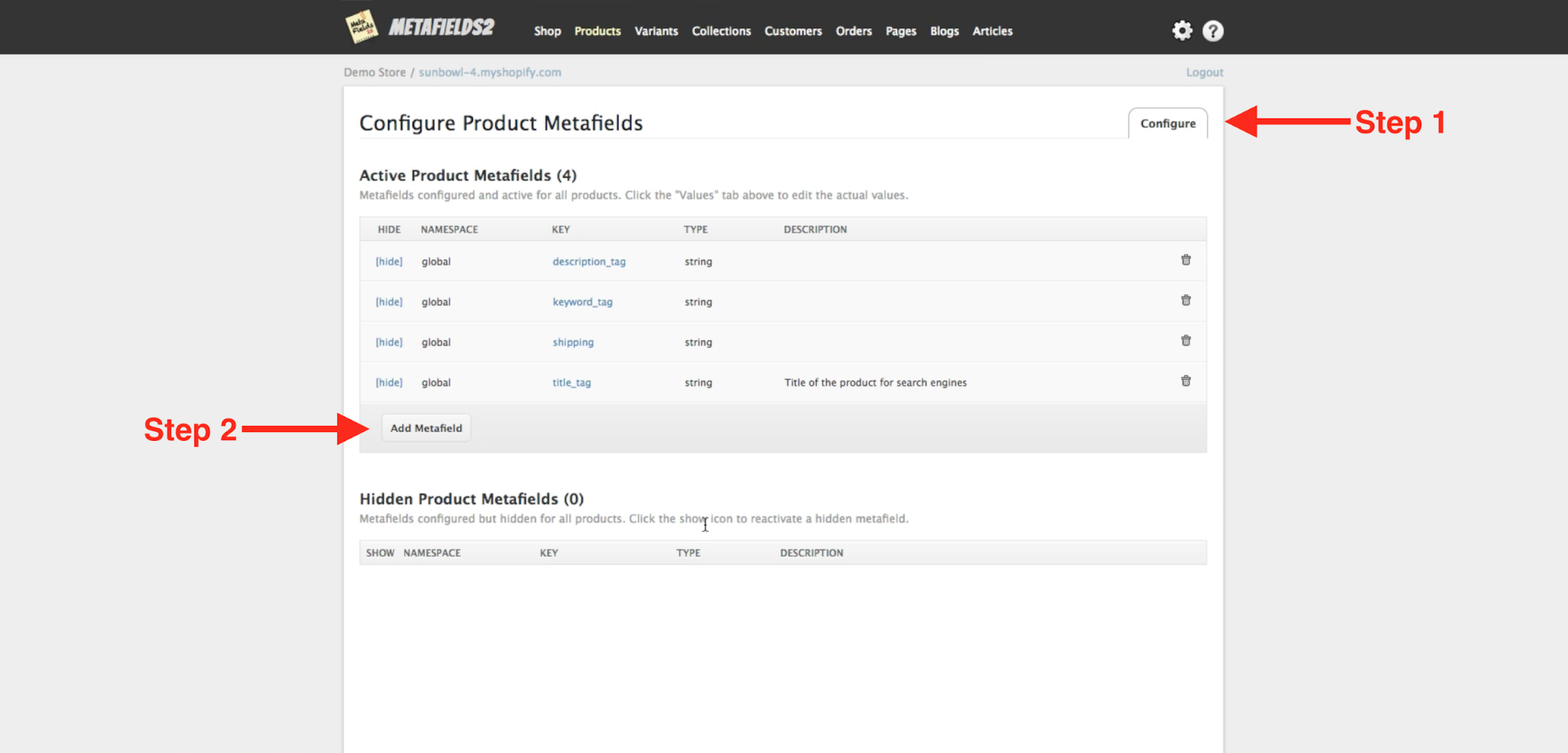 Merchant is setting up new metafields within the Metafields2 app from the Shopify app store